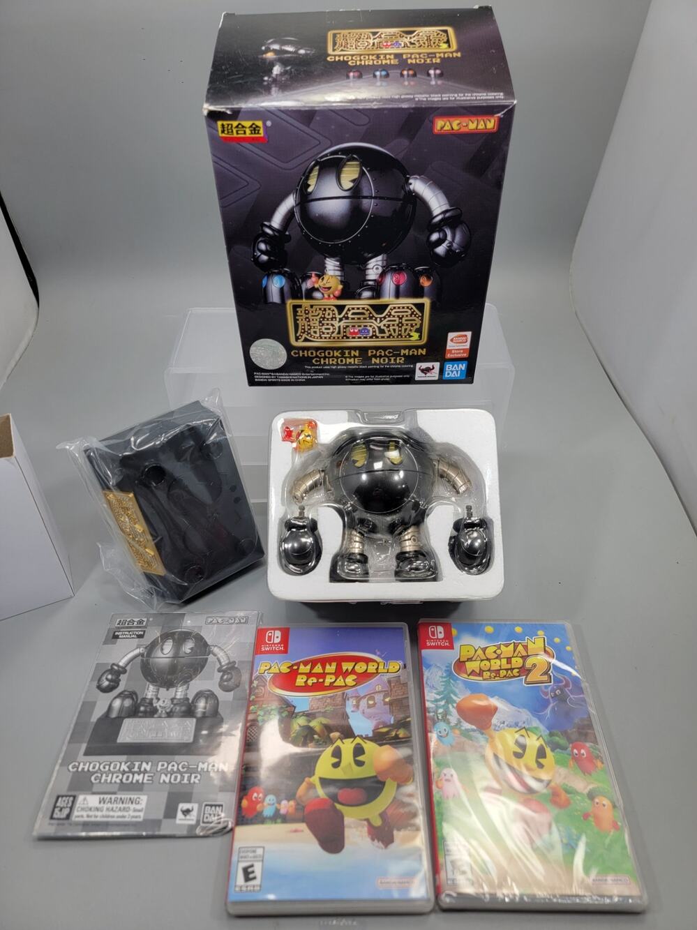 Pac-Man Bandai Namco Chrome Noir Chogokin With 2 Switch Pac-Man World Re-PAC 1&2